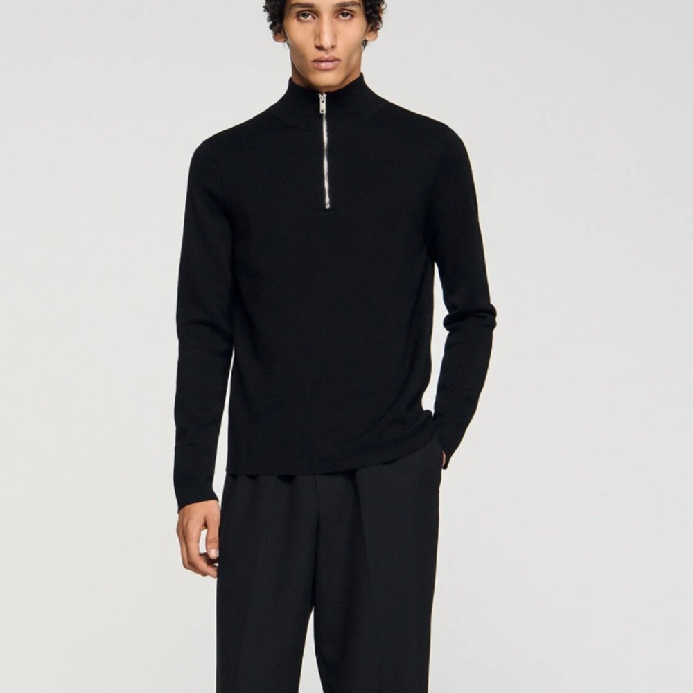 Sandro Black Quarter-Zip WOOL men’s SWEATER WITH ZIPPED‎ COLLAR